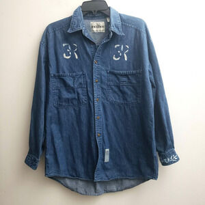 Vintage Levis Women Button Shirt Medium Solid Blue White Floral Details Long Slv